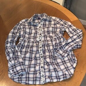 Free People Blue & White Plaid Button Down Shirt Long Sleeve SZ 2